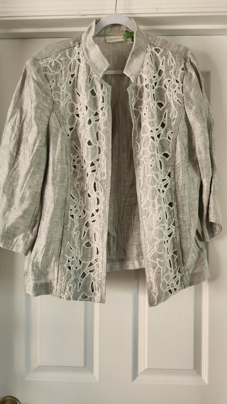 Chico's Linen Nylon Open Front Jacket Topper Sz 2 Large Grey Silver #319